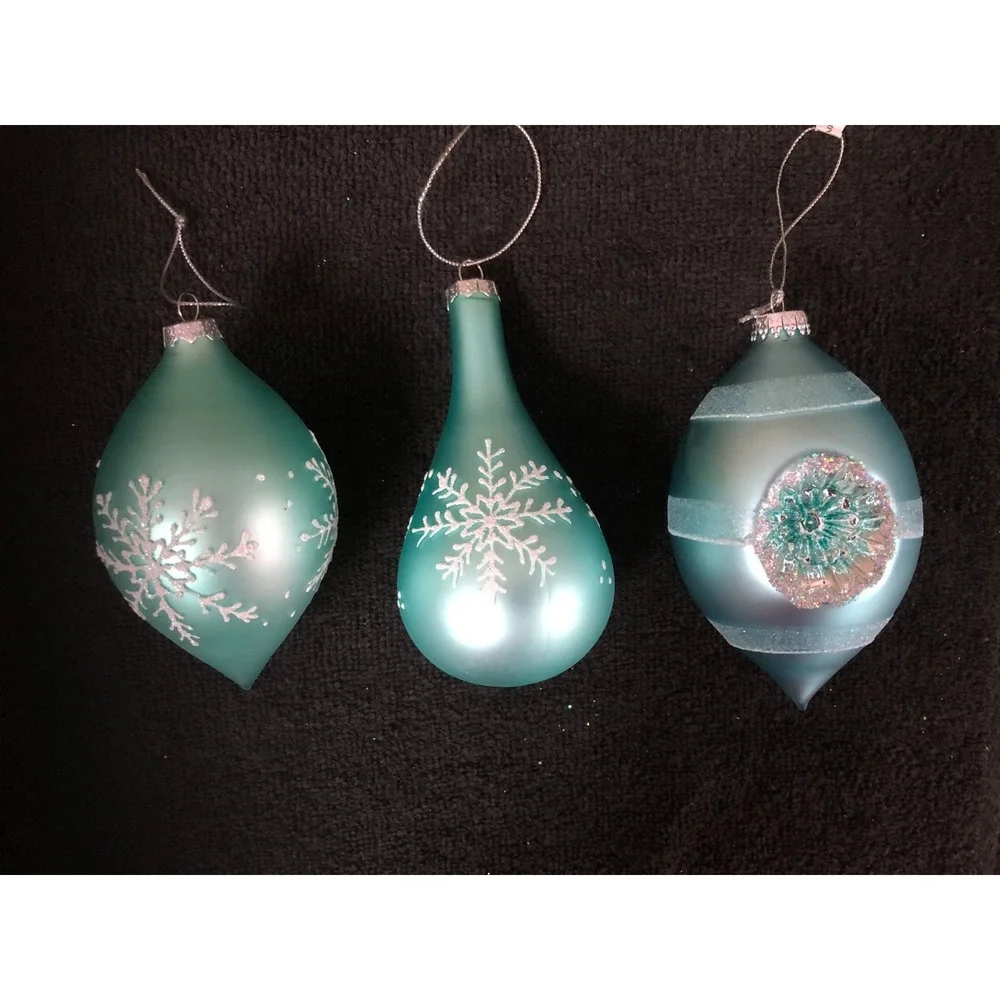 3 ~Vintage Teal Glass Ornaments Frosted White Glitter Snowflakes & Reflective 5